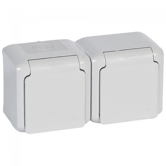 Kontaktligzda dubulta, pelēka ar zemējumu virs apmetuma IP44