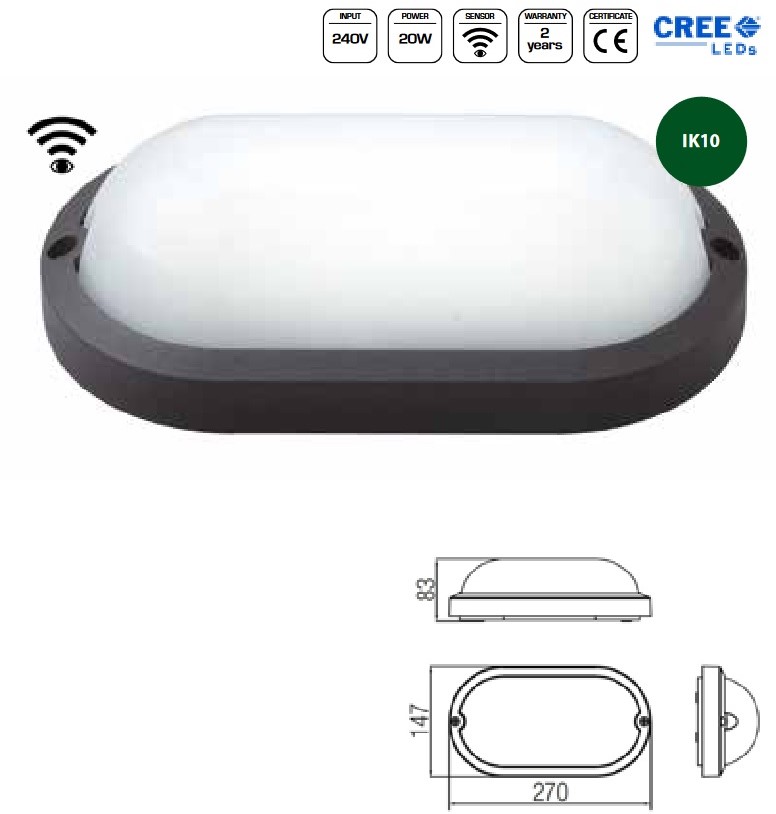 Gaismeklis griestu LED 20W balts ar sensoru IP54 plafons